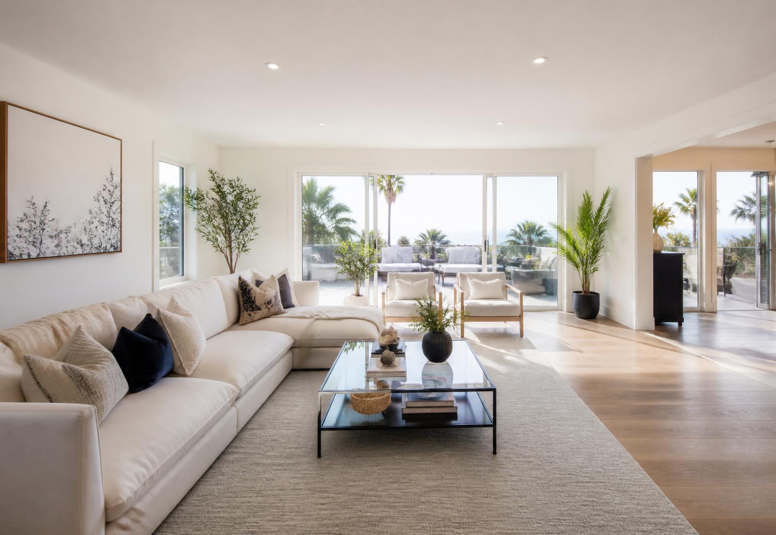 Sunlit luxury San Diego living room cleaned by Parcero Cleaning