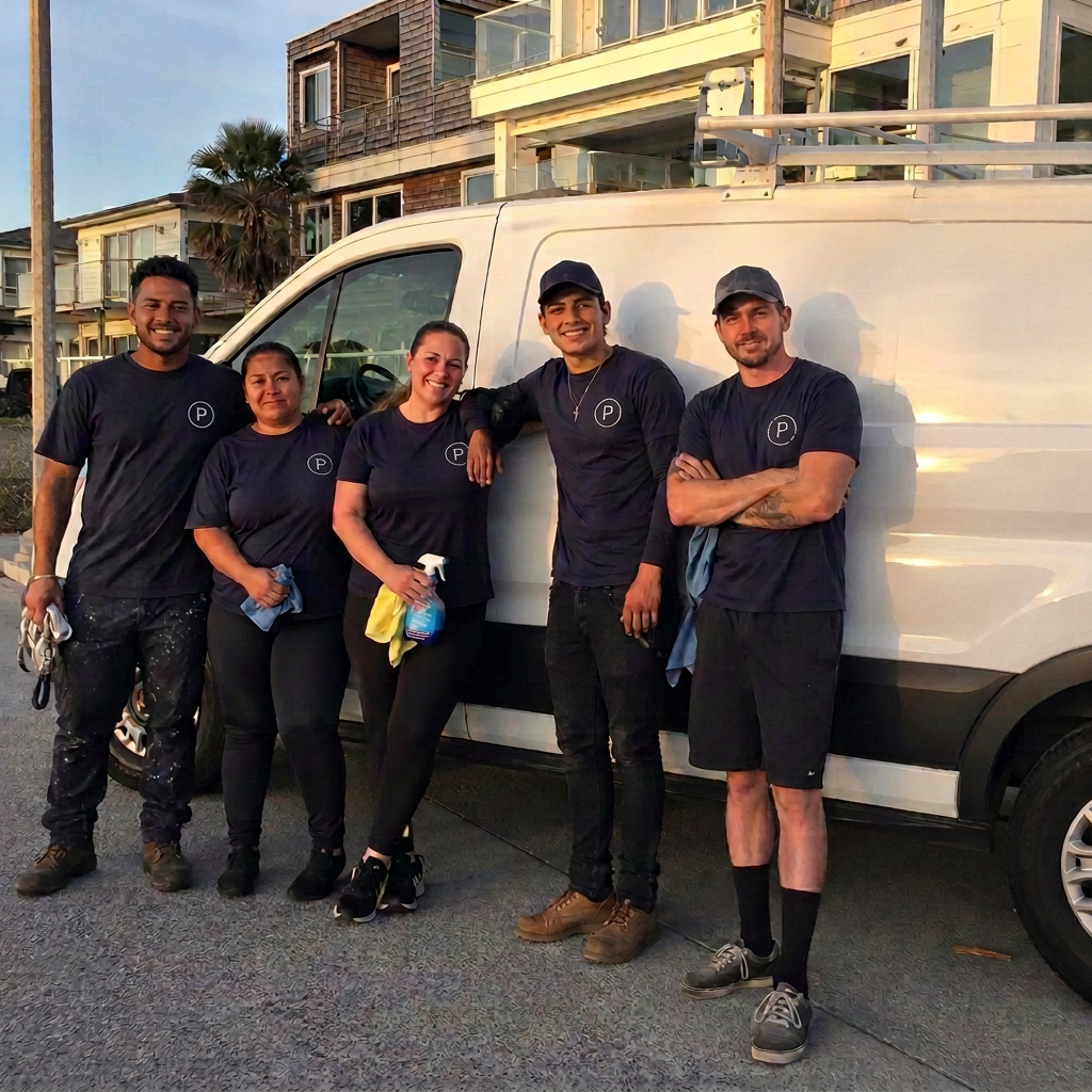 The Parcero Cleaning crew beside their branded van