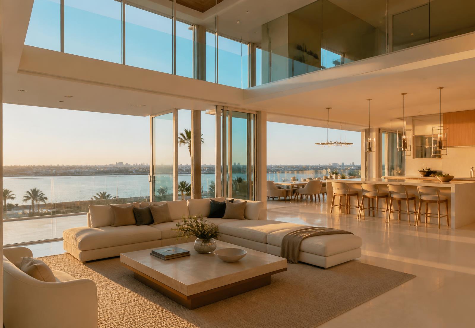 Sunlit luxury San Diego living room cleaned by Parcero Cleaning