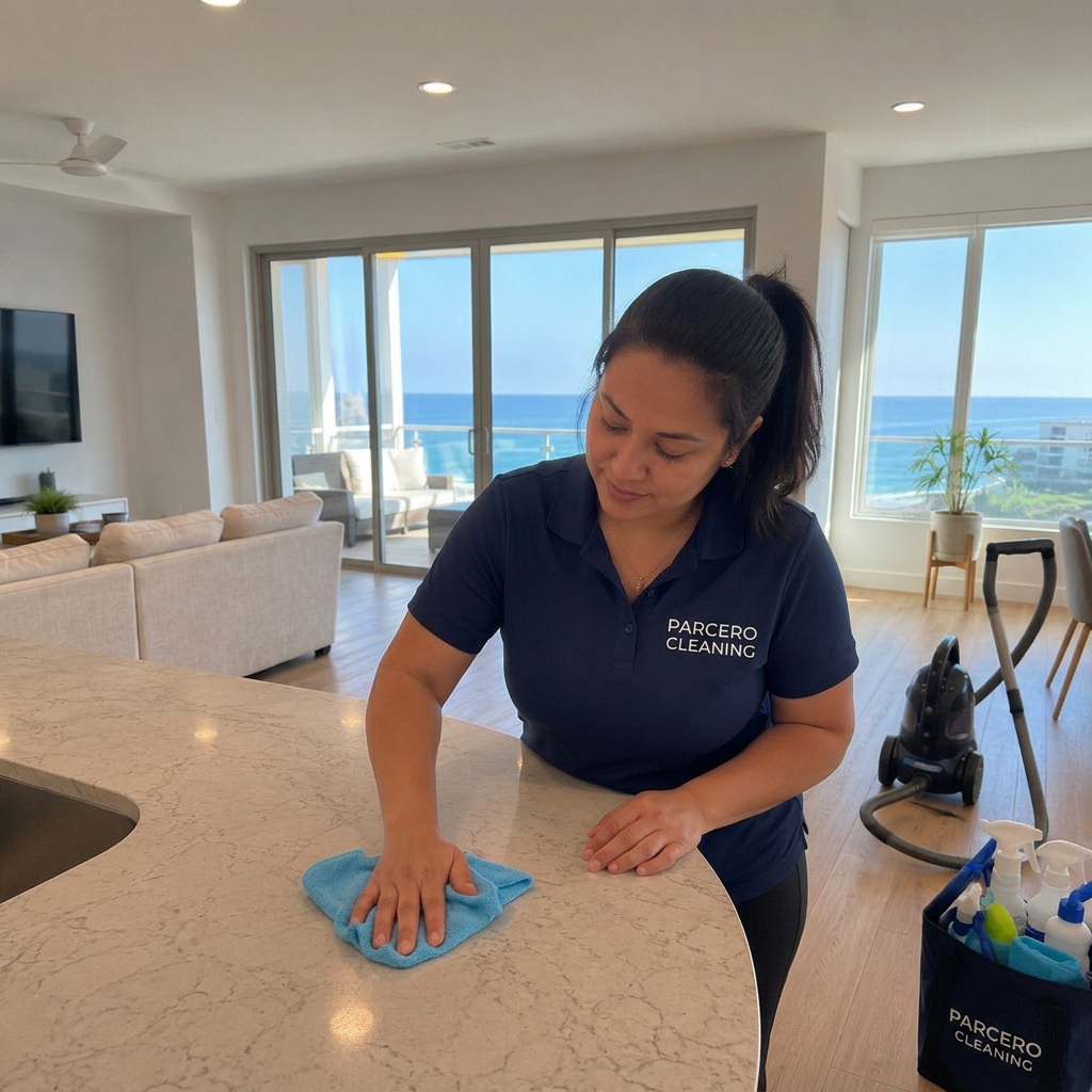 Parcero Cleaning team member detailing a kitchen counter